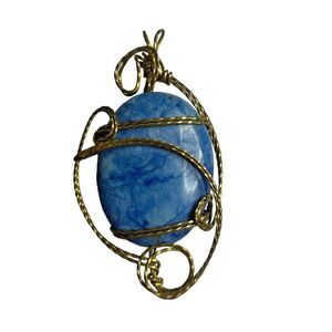 Vintage Blue Gemstone Cabochon Pendant Wire Wrapped 2" x 2"